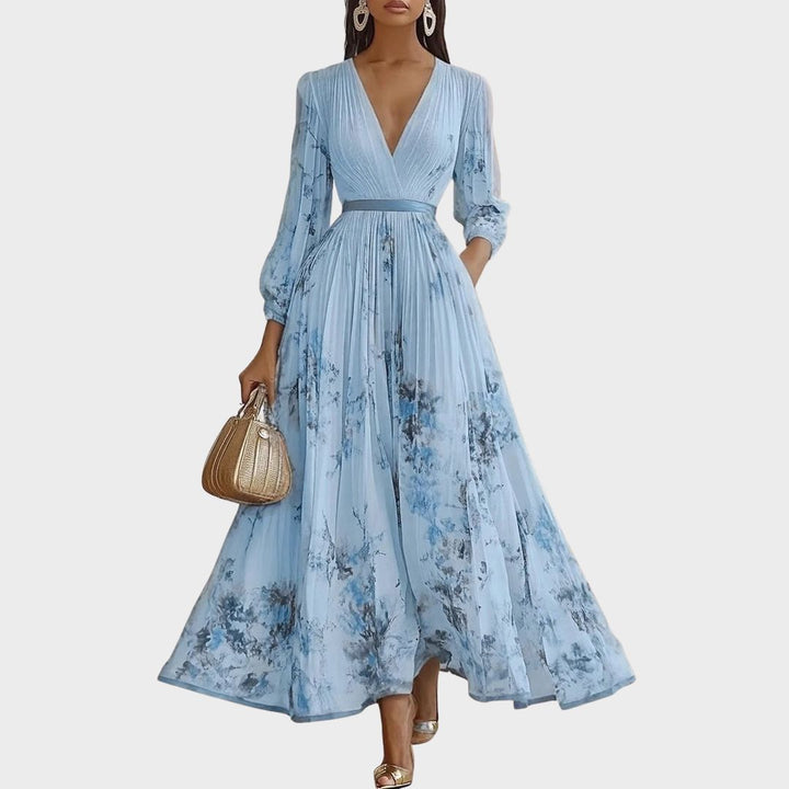 Women's Maxi Dress Satin Pleated V-Neck Long Sleeve Adjustable Waist