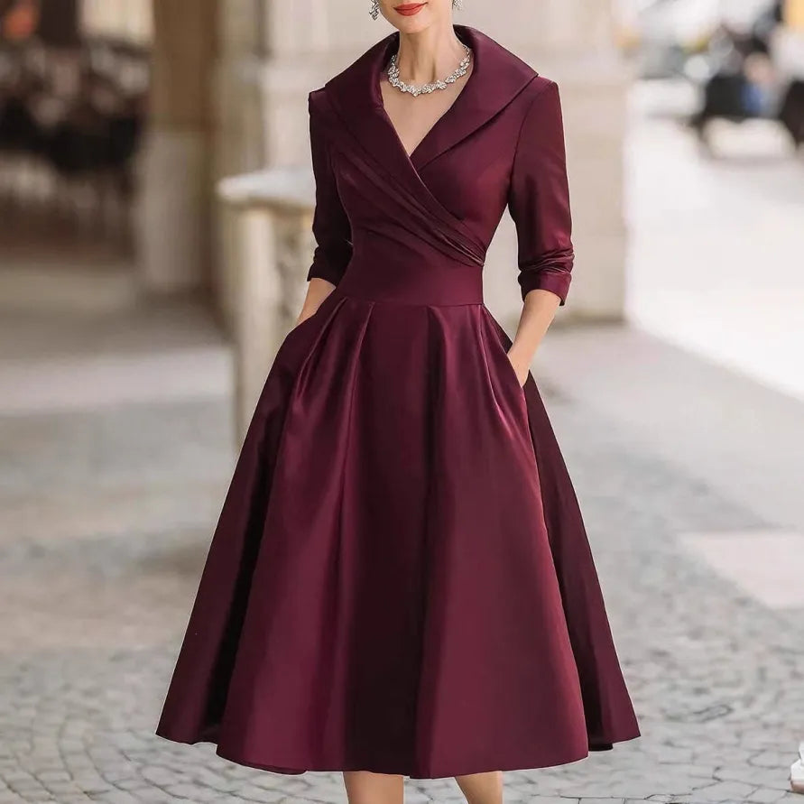 Robe midi élégante col en V manches trois quarts