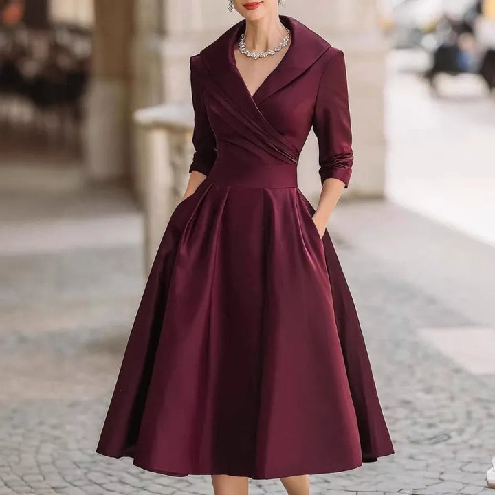 Elegant Midi Dress V Neck Three Quarter Sleeve
