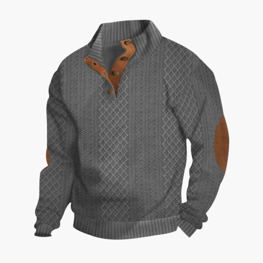 Men's Sweater Knit Button Neck Elbow Patch Long Sleeve Casual