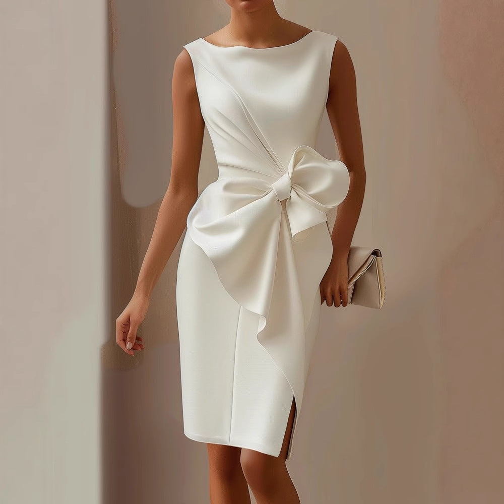 Robe midi femme sans manches à col rond avec nœud devant et coupe trapèze