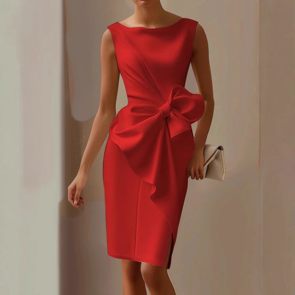 Robe midi femme sans manches à col rond avec nœud devant et coupe trapèze