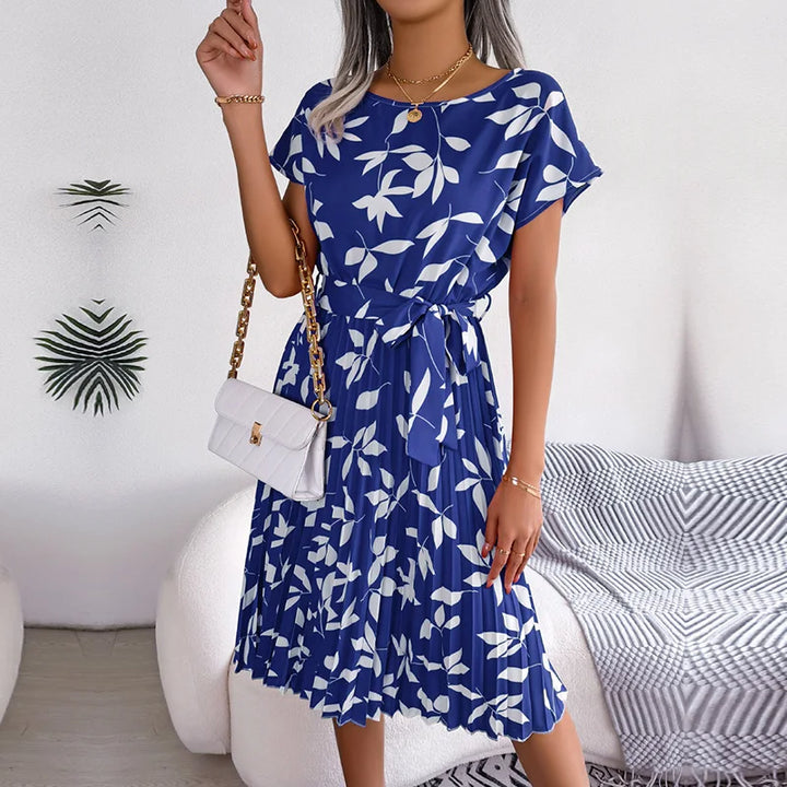 Women's Maxi Dress Chiffon Floral Pleated Short Sleeve High Waist A-Line – Casual Summer