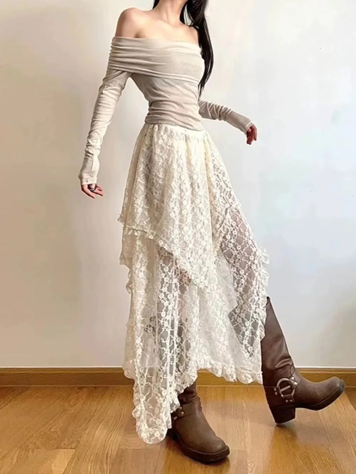 Women's Skirt Lace Asymmetric High Waist Irregular Hem Y2K Boho Party Wear