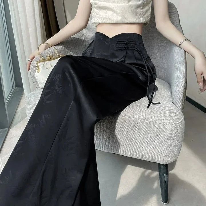 Women's Pants Satin Jacquard Wide Leg High Waist Loose Fit Lightweight Casual
