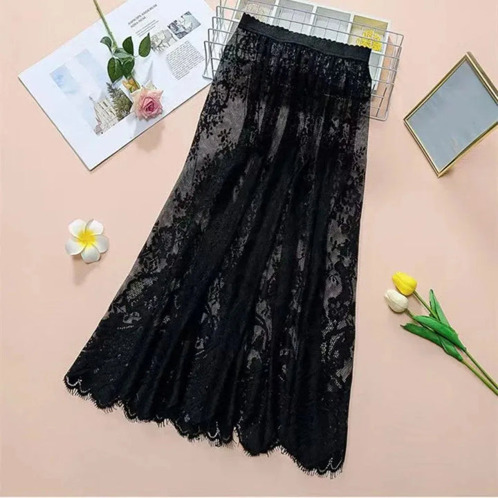 Falda midi para mujer de encaje de malla de seda helada, cintura alta elástica, floral, línea A, ropa casual