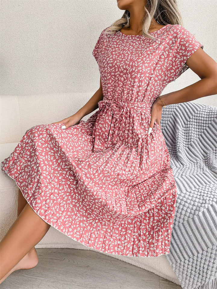 Women's Maxi Dress Chiffon Floral Pleated Short Sleeve High Waist A-Line – Casual Summer