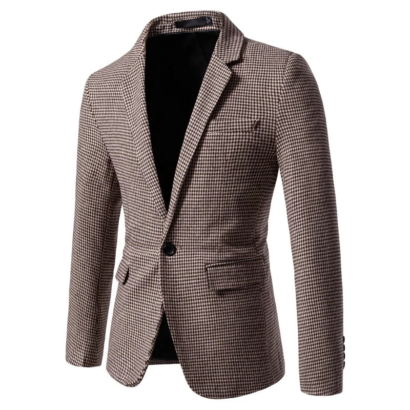 Men's Blazer Houndstooth Slim Fit Button Closure Long Sleeve Business Casual