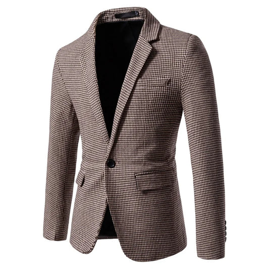 Blazer para hombre de pata de gallo, ajuste slim, cierre de botones, manga larga, casual de negocios