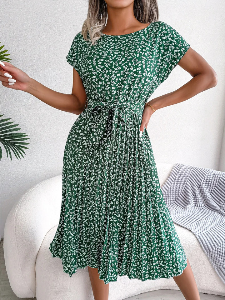 Women's Maxi Dress Chiffon Floral Pleated Short Sleeve High Waist A-Line – Casual Summer