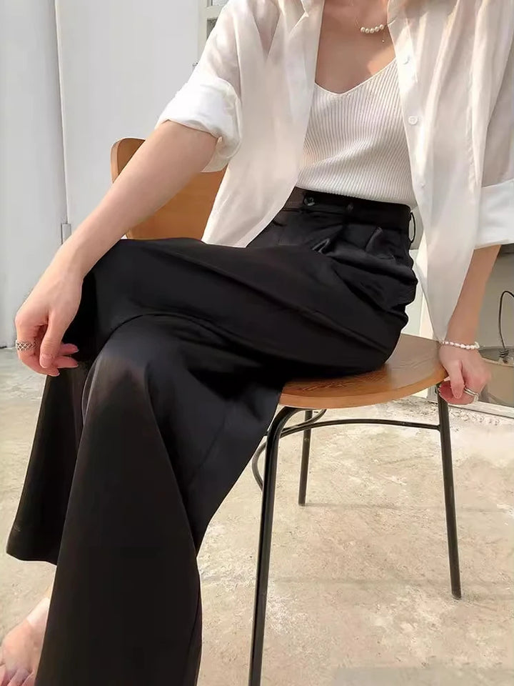 Pantalones de mujer de satén, pierna ancha, cintura alta, ajuste holgado, largo completo, casual