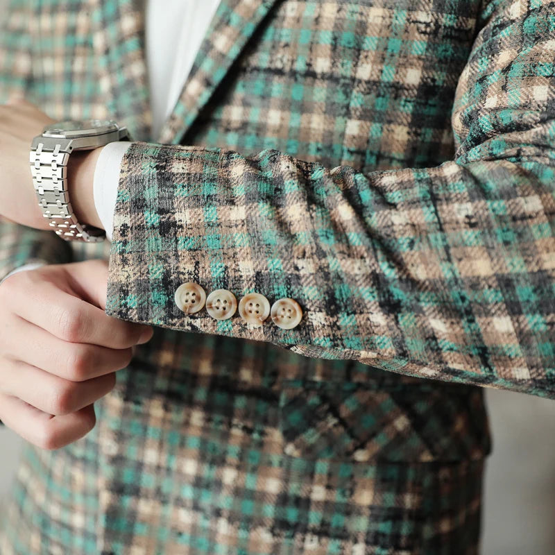 Men's Blazer Plaid Slim Fit Button Closure Long Sleeve Business Casual