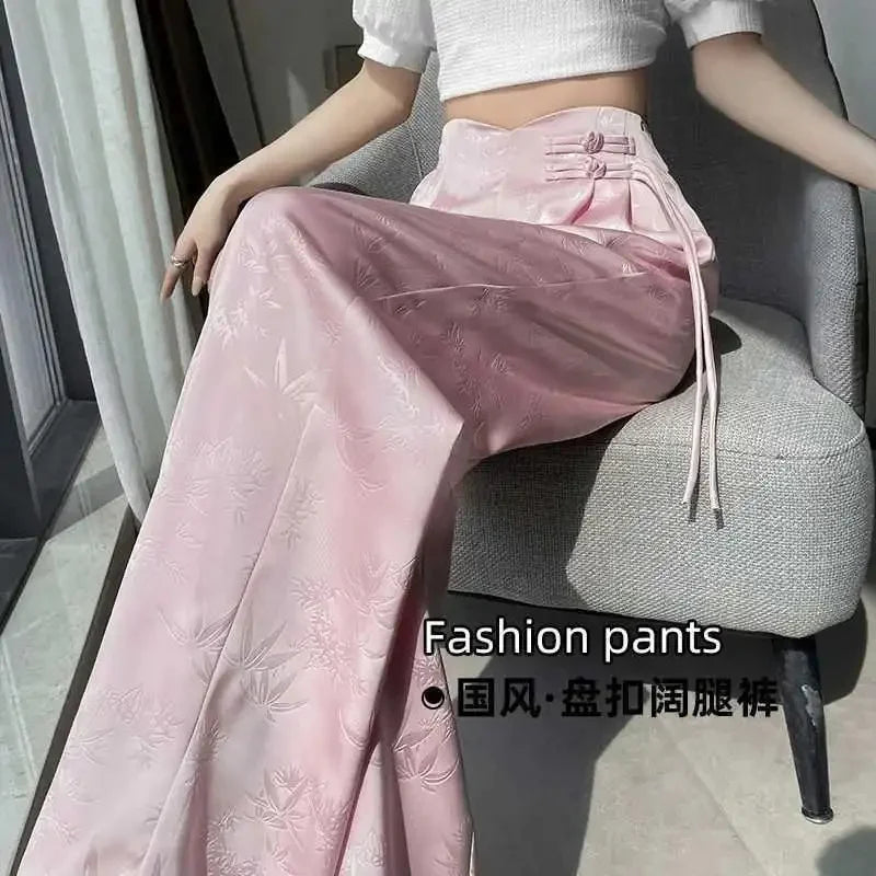 Women's Pants Satin Jacquard Wide Leg High Waist Loose Fit Lightweight Casual