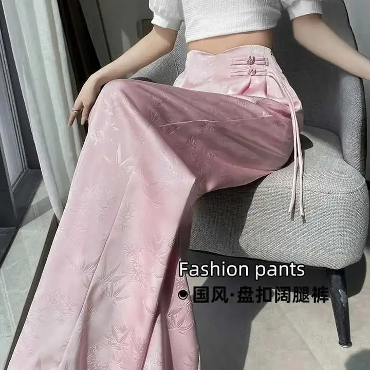 Women's Pants Satin Jacquard Wide Leg High Waist Loose Fit Lightweight Casual