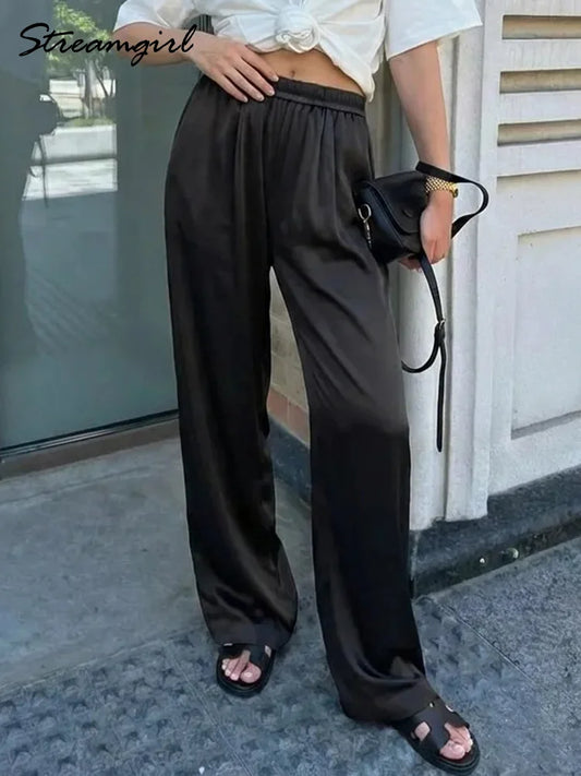 Pantalones de satén para mujer, pierna ancha, cintura alta, ajuste holgado, con bolsillos, casuales