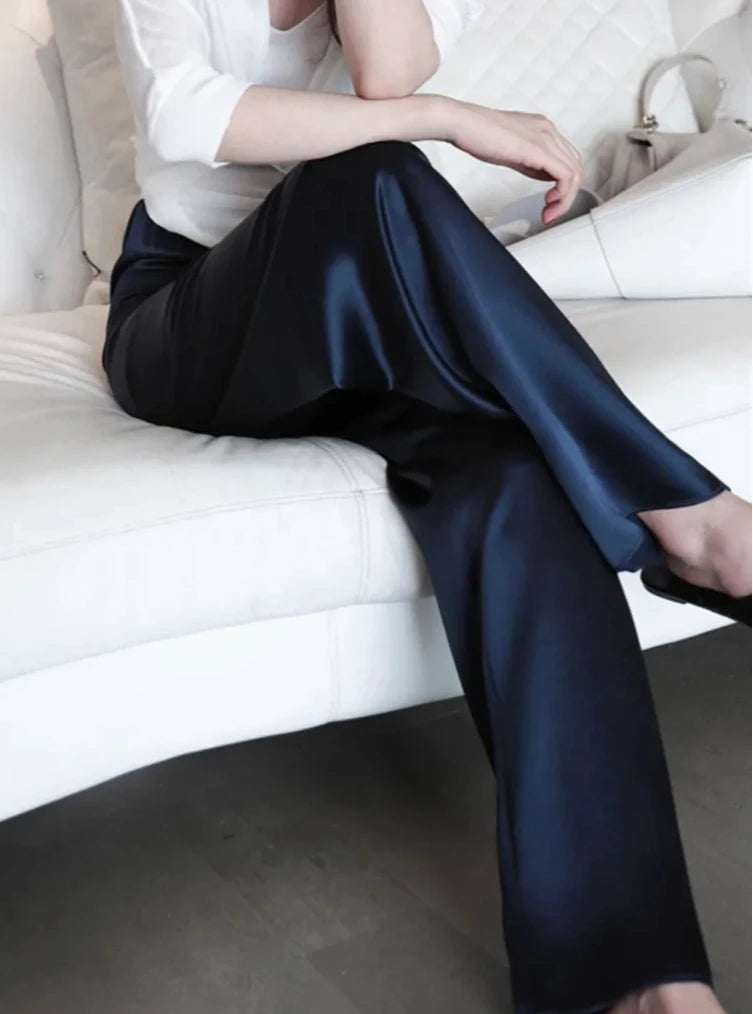 Pantalones de mujer de satén, pierna ancha, cintura alta, ajuste holgado, largo completo, casual