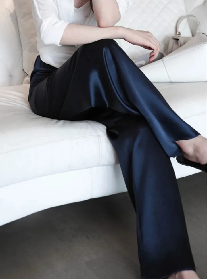 Pantalones de mujer de satén, pierna ancha, cintura alta, ajuste holgado, largo completo, casual