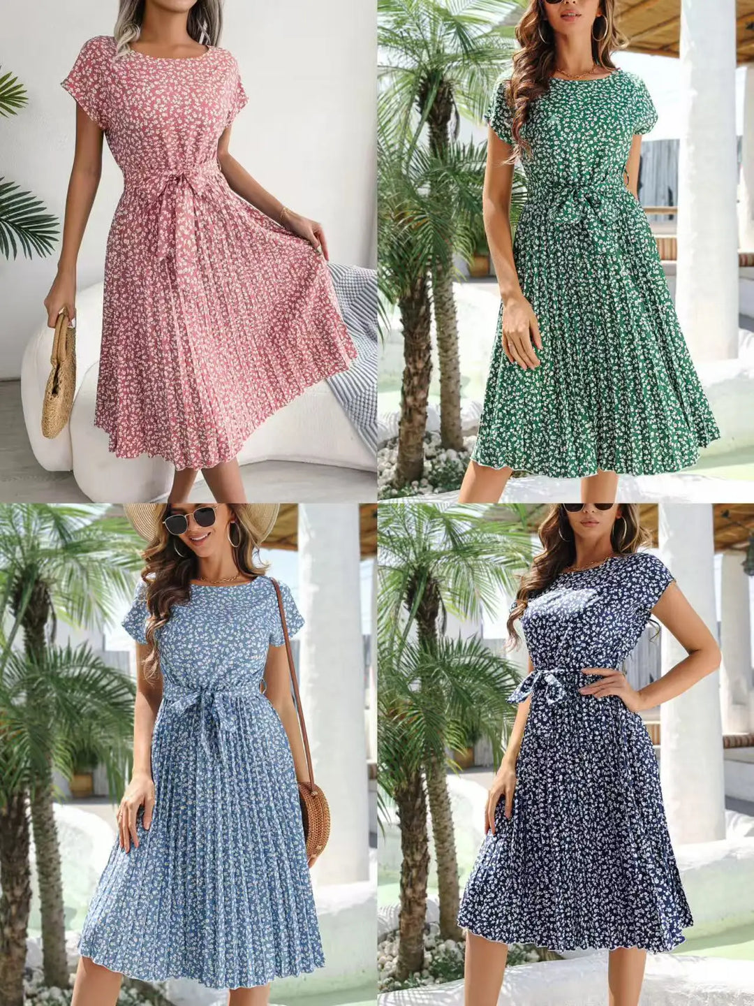 Vestido midi para mujer de gasa con estampado floral, escote en V, manga corta, corte en línea A, tipo pulóver – Casual de verano