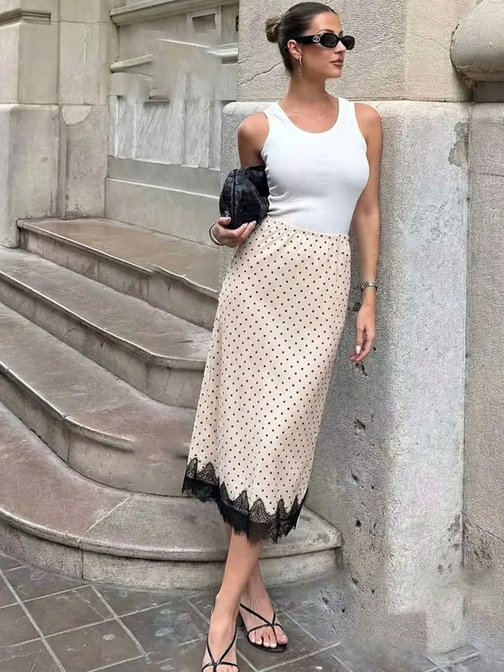 Women's Midi Skirt Satin Lace Polka Dot High Waist Straight Casual Wear