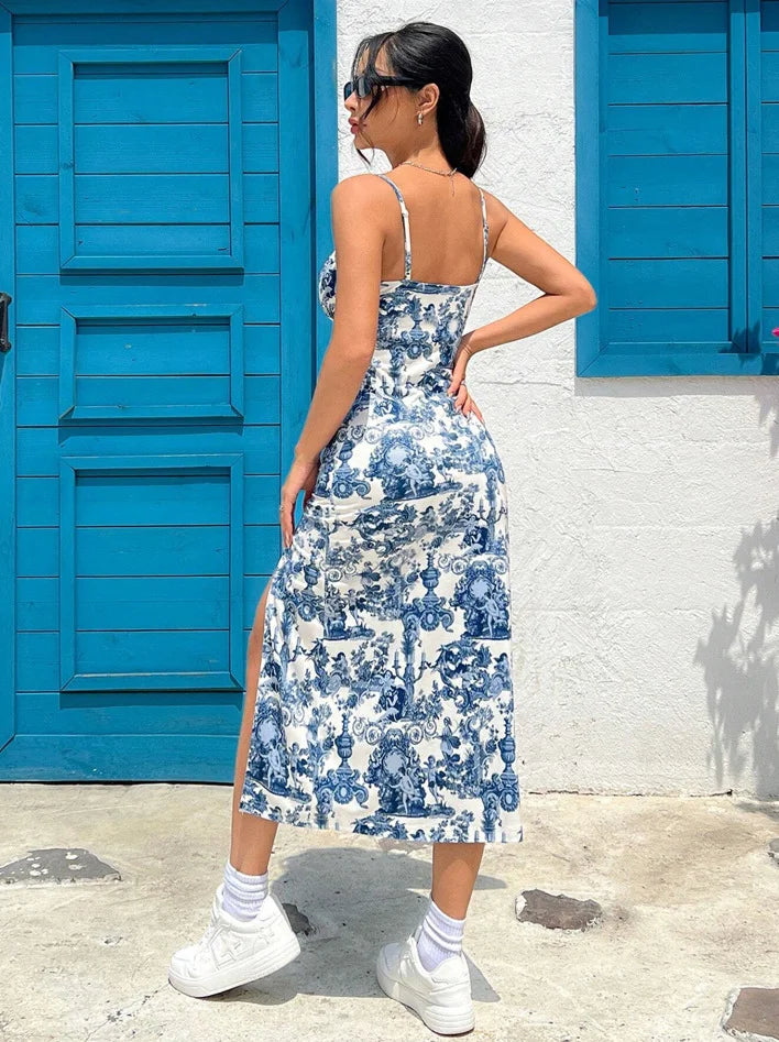 Vestido largo de mujer con estampado de leopardo, sin tirantes, cruzado, con abertura alta y ajuste ceñido