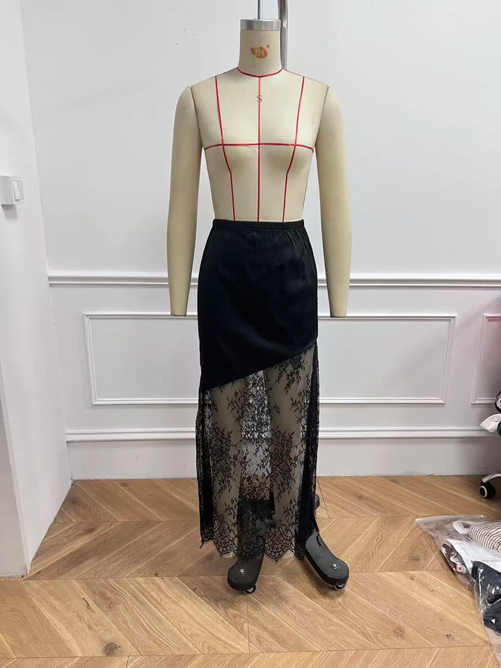 Women's Maxi Skirt Lace Trim High Waist Flowy Boho Party Festival Wear