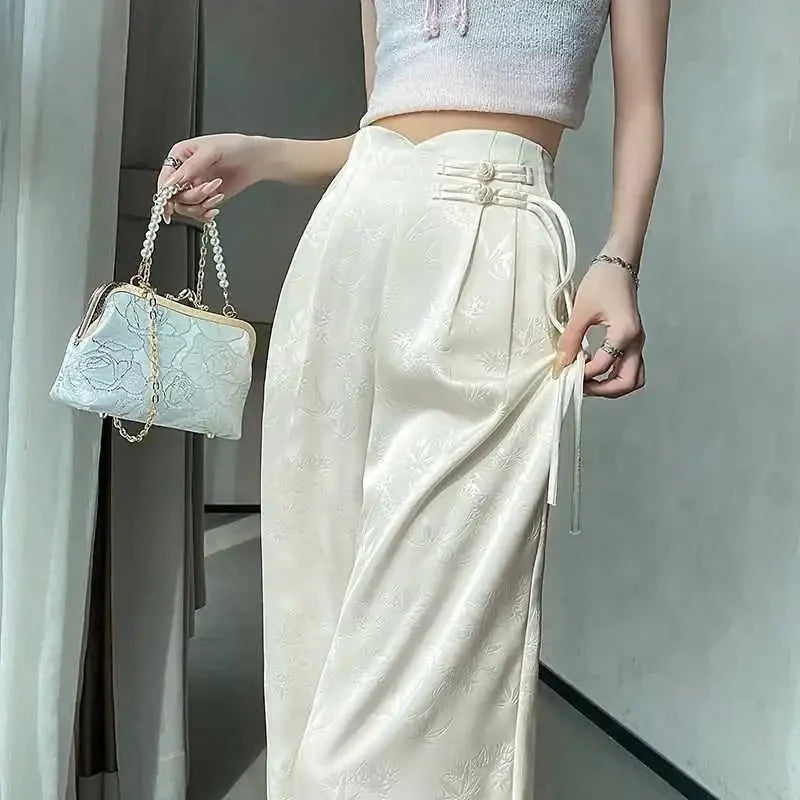Women's Pants Satin Jacquard Wide Leg High Waist Loose Fit Lightweight Casual