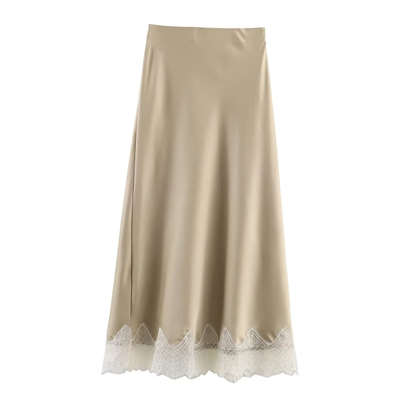 Women's Midi Skirt Lace Pleated High Waist A-Line Elegant Casual Formal Wear