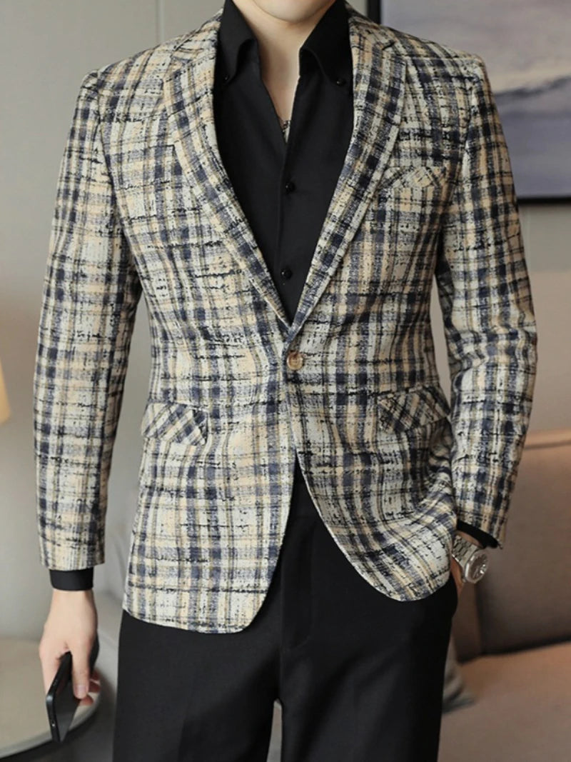 Men's Blazer Plaid Slim Fit Button Closure Long Sleeve Business Casual