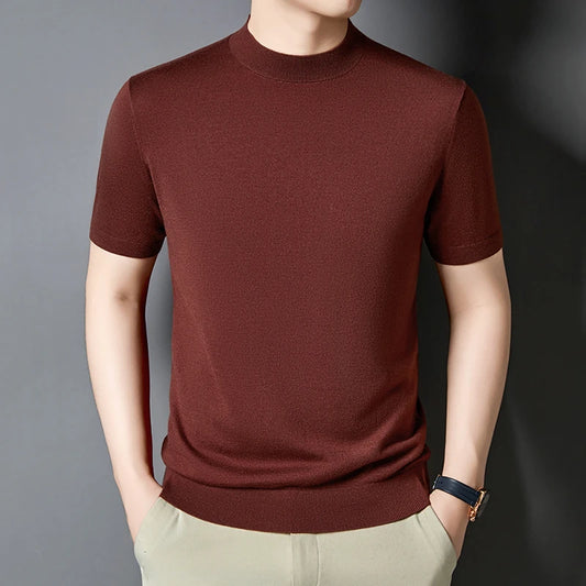 Camiseta para hombre de punto de seda y lana, ajuste slim, manga corta, cuello alto simulado, casual