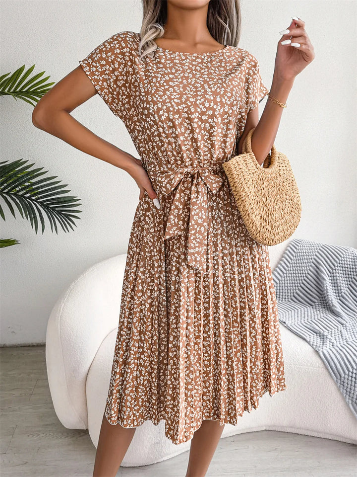 Women's Maxi Dress Chiffon Floral Pleated Short Sleeve High Waist A-Line – Casual Summer
