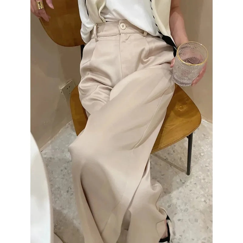 Pantalones de mujer de satén, pierna ancha, cintura alta, ajuste holgado, largo completo, casual