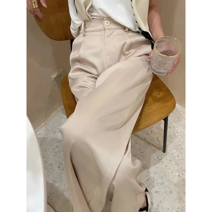 Pantalones de mujer de satén, pierna ancha, cintura alta, ajuste holgado, largo completo, casual