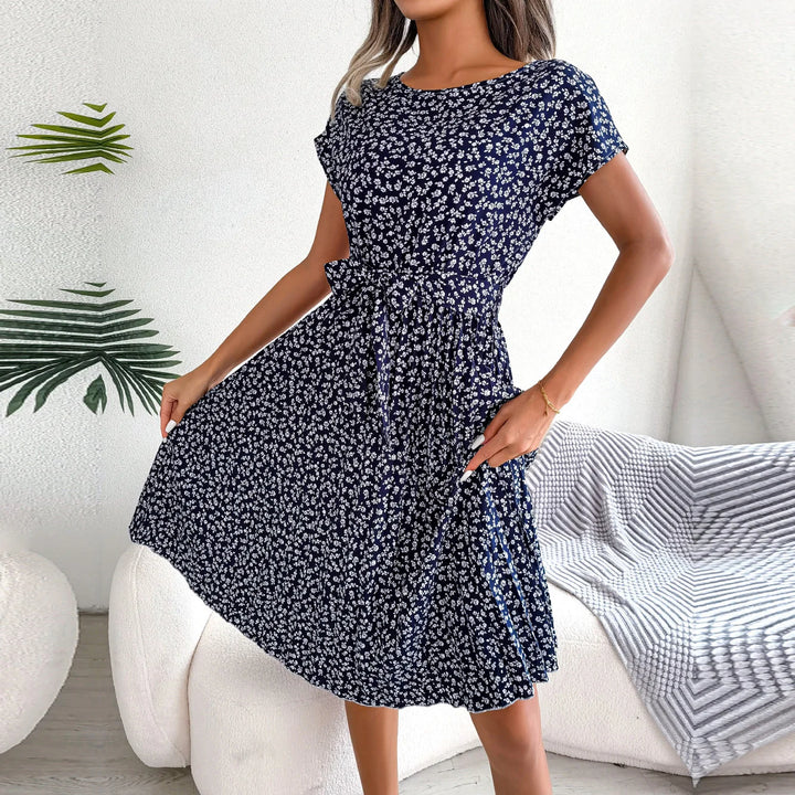 Women's Maxi Dress Chiffon Floral Pleated Short Sleeve High Waist A-Line – Casual Summer
