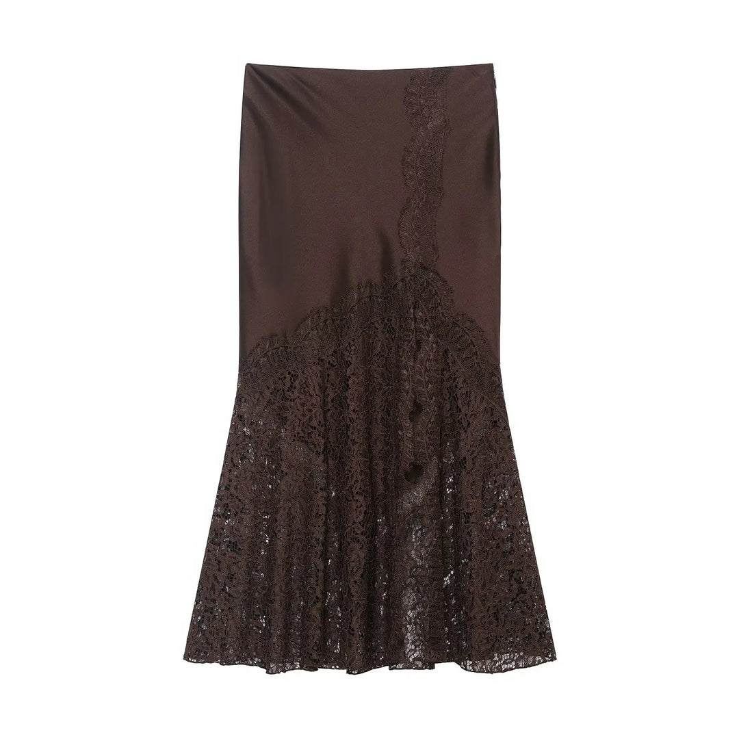 Jupe midi femme en satin avec dentelle, taille haute, coupe trapèze, fente latérale, tenue décontractée d'été
