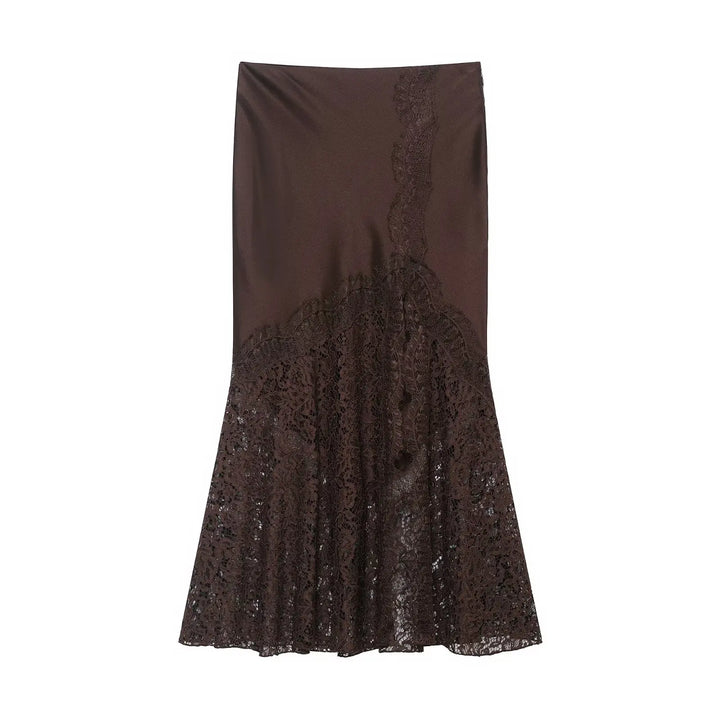 Jupe midi femme en satin avec dentelle, taille haute, coupe trapèze, fente latérale, tenue décontractée d'été