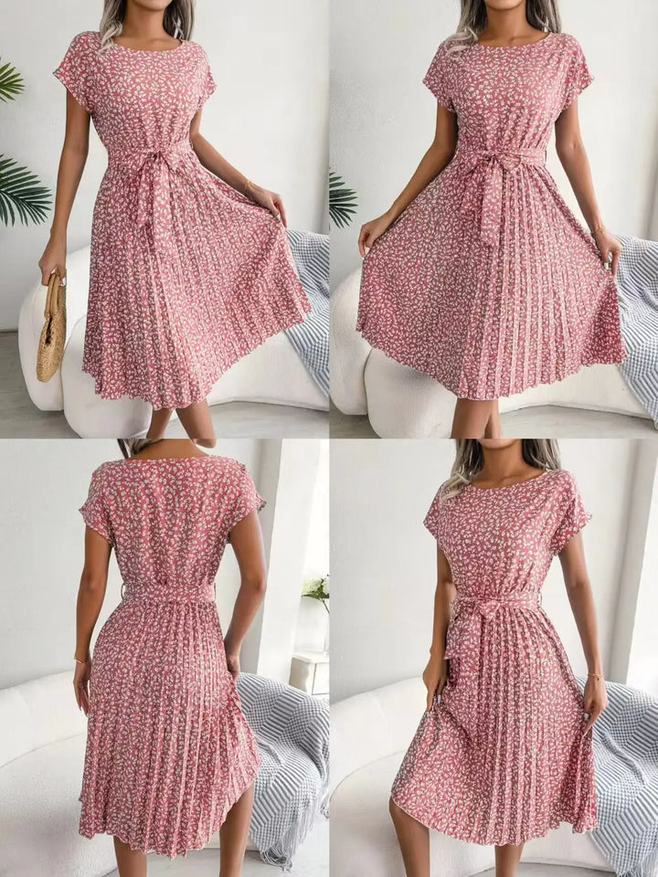 Vestido midi para mujer de gasa con estampado floral, escote en V, manga corta, corte en línea A, tipo pulóver – Casual de verano