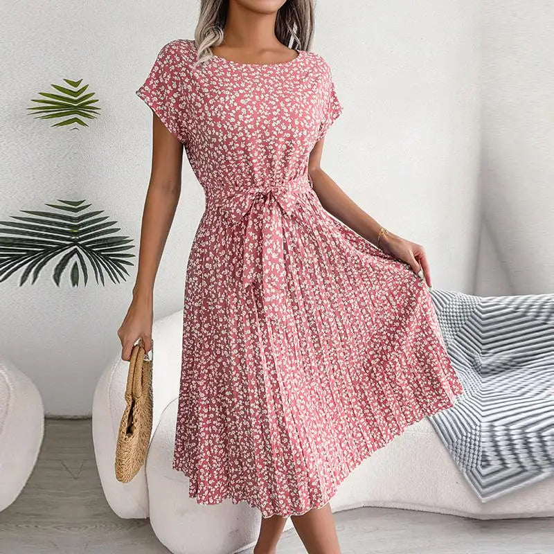 Women's Maxi Dress Chiffon Floral Pleated Short Sleeve High Waist A-Line – Casual Summer
