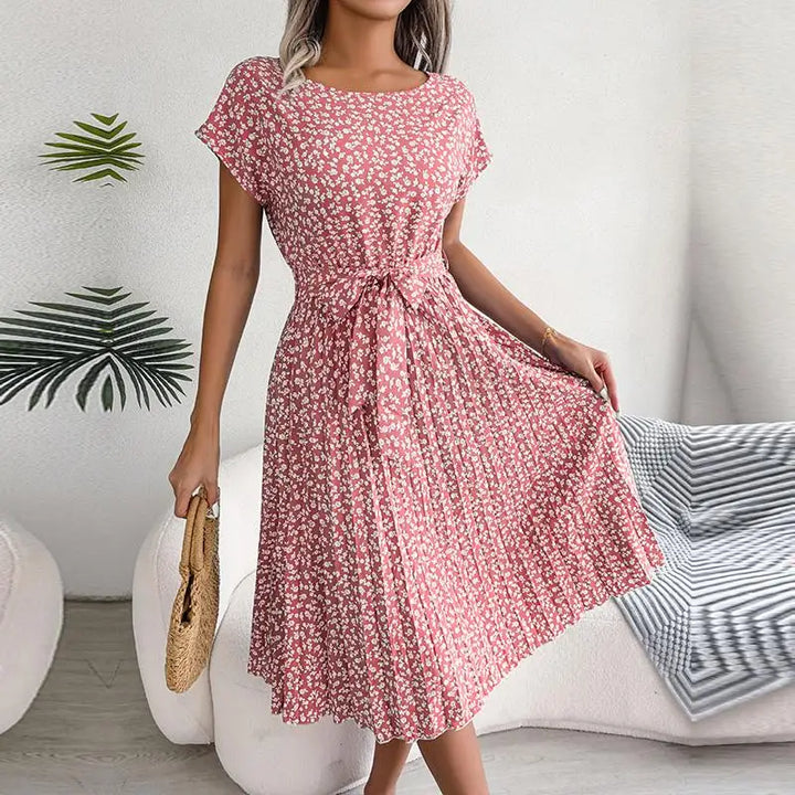 Women's Maxi Dress Chiffon Floral Pleated Short Sleeve High Waist A-Line – Casual Summer