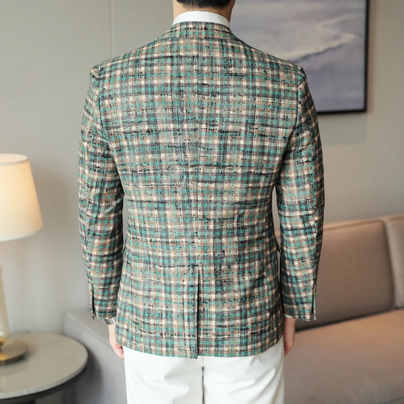 Men's Blazer Plaid Slim Fit Button Closure Long Sleeve Business Casual
