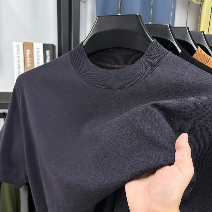 T-shirt homme en maille de soie et laine, coupe slim, manches courtes, col montant, décontracté