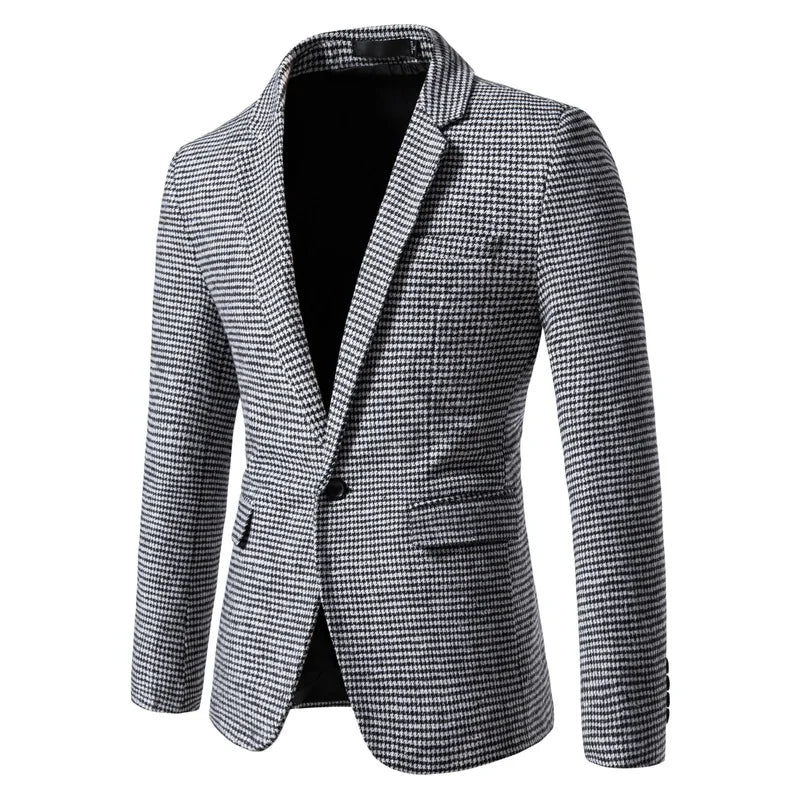 Men's Blazer Houndstooth Slim Fit Button Closure Long Sleeve Business Casual