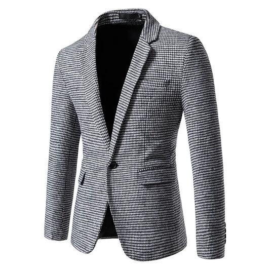 Blazer para hombre de pata de gallo, ajuste slim, cierre de botones, manga larga, casual de negocios