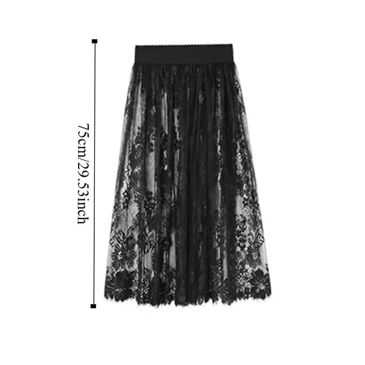 Falda midi para mujer de encaje de malla de seda helada, cintura alta elástica, floral, línea A, ropa casual