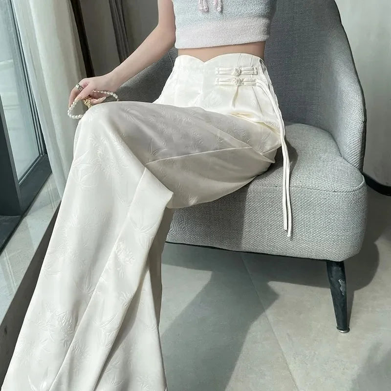 Women's Pants Satin Jacquard Wide Leg High Waist Loose Fit Lightweight Casual