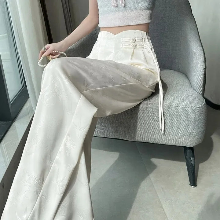 Women's Pants Satin Jacquard Wide Leg High Waist Loose Fit Lightweight Casual