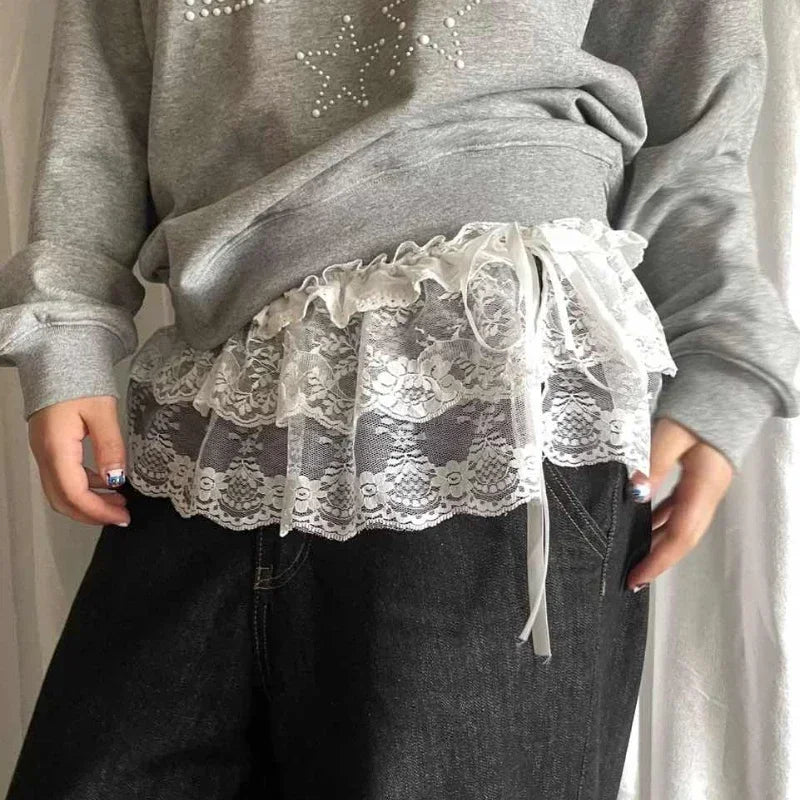 Falda de encaje para mujer con malla floral, dobladillo irregular, capa superpuesta transparente, casual