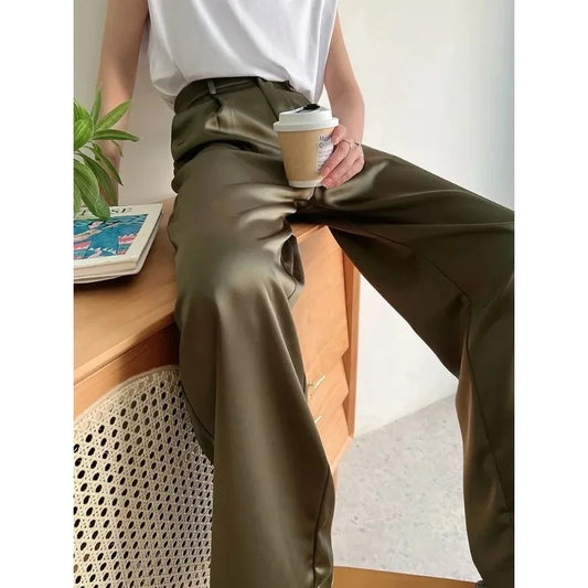Pantalon femme en satin, jambe large, taille haute, coupe ample, longueur totale, décontracté