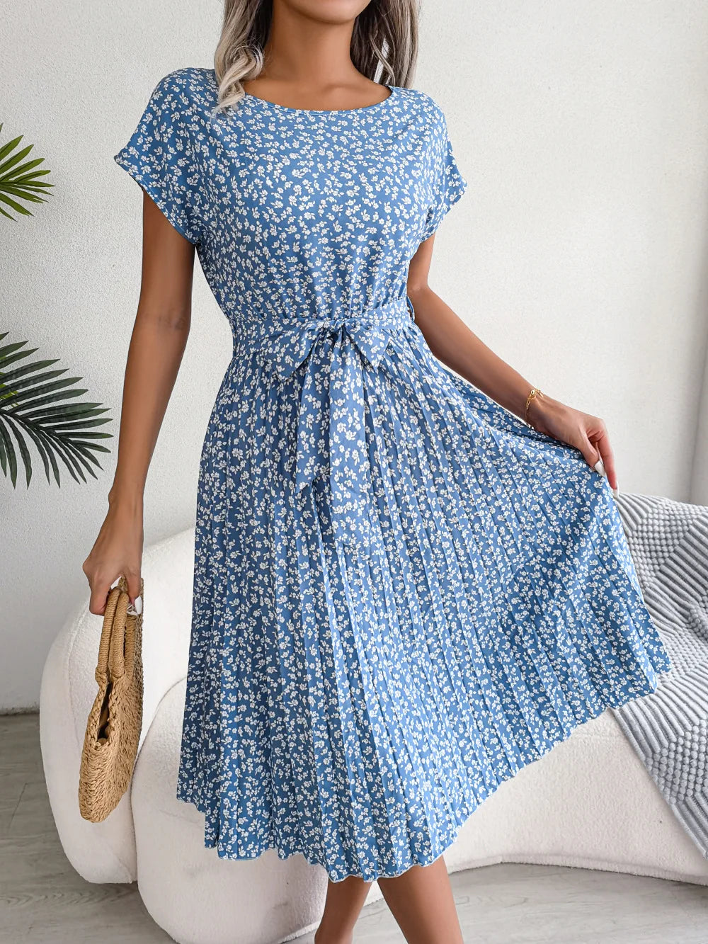 Women's Maxi Dress Chiffon Floral Pleated Short Sleeve High Waist A-Line – Casual Summer