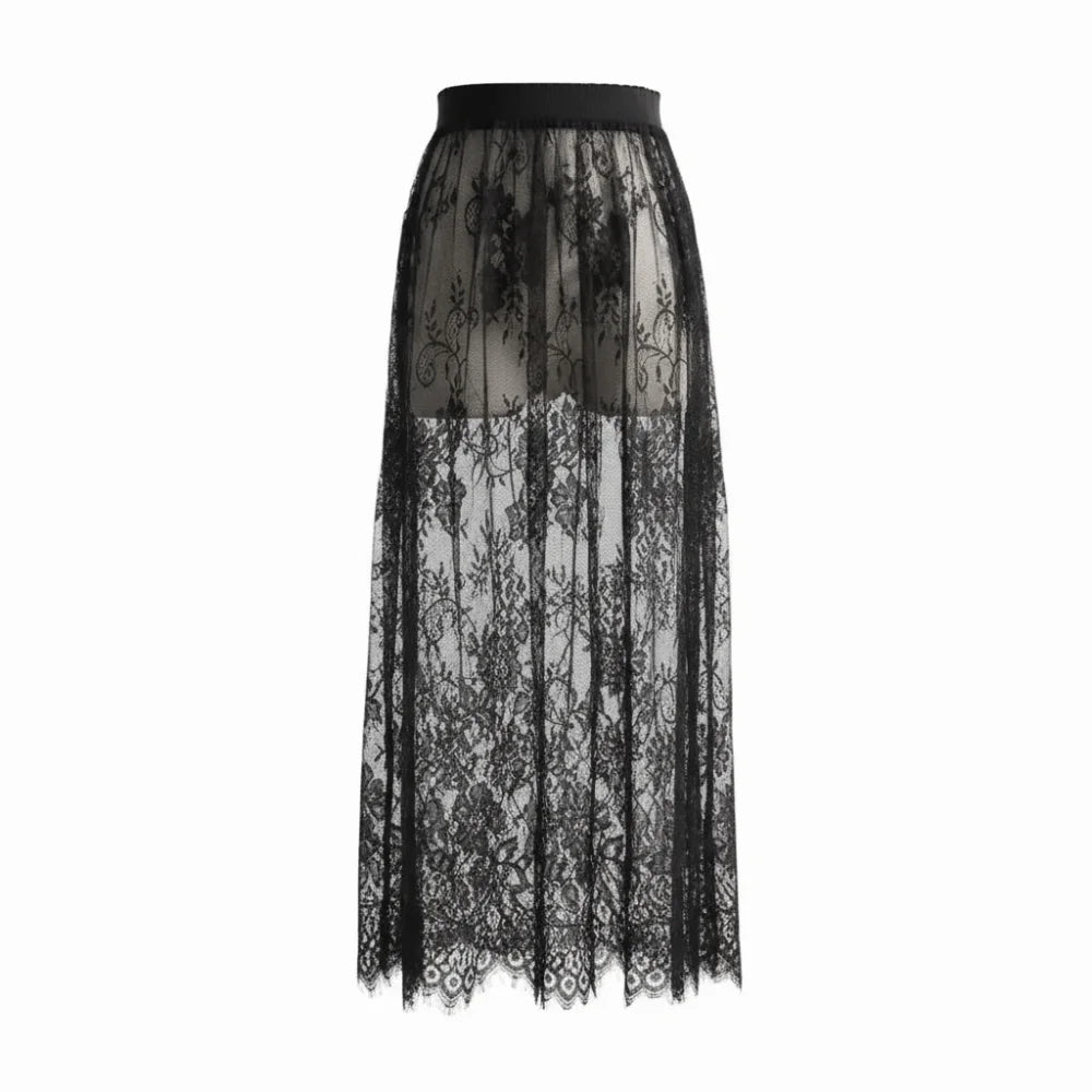 Falda midi para mujer de encaje de malla de seda helada, cintura alta elástica, floral, línea A, ropa casual