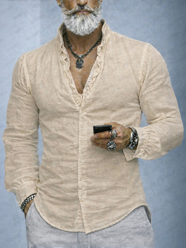 Men's Shirt Cotton Ruffled Neck Slim Fit Long Sleeve Button-Up Casual